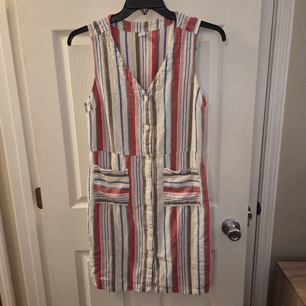 Old‎ Navy sz L slvless striped knee dress linen/rayon button front casual summer